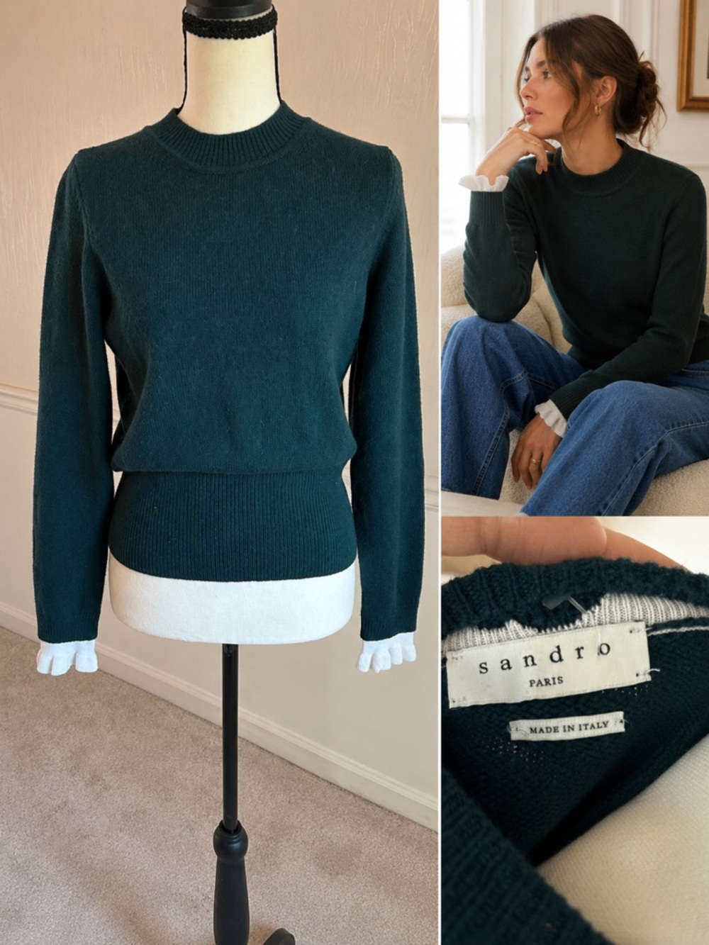 Sandro Paris Dark Green Sweater Ruffle Cuff Wool Blend Women Small Made Italy